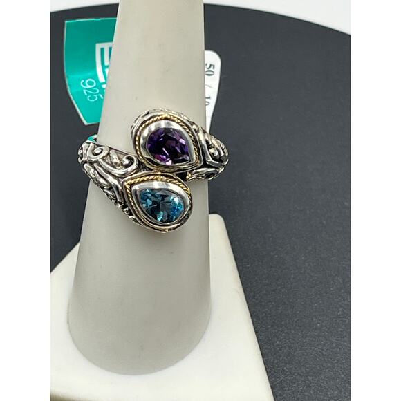 Effy Balissima Sterling Silver 18k Blue Topaz Amethyst Gemstones Bypass Ring 7.5 - Picture 13 of 15